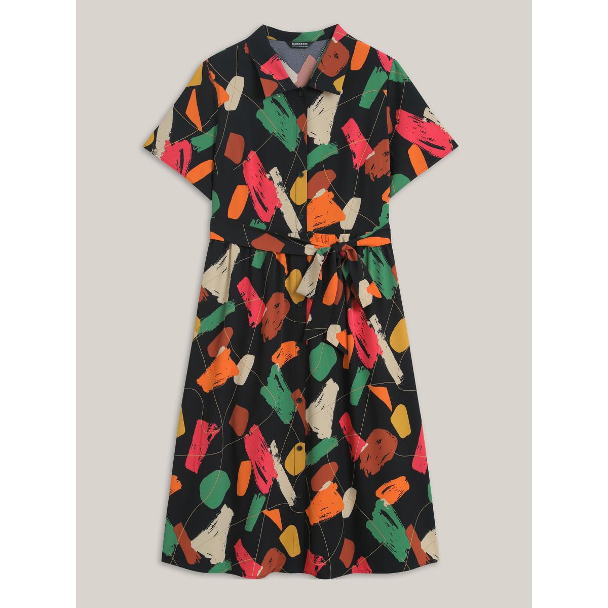 Plus Size Color Brush Print Stretchy Waist Midi Dress BlackFlower Women Elegant Belted Shirt collar Short sleeve Curvy BloomChic 18-20/2X Product Image