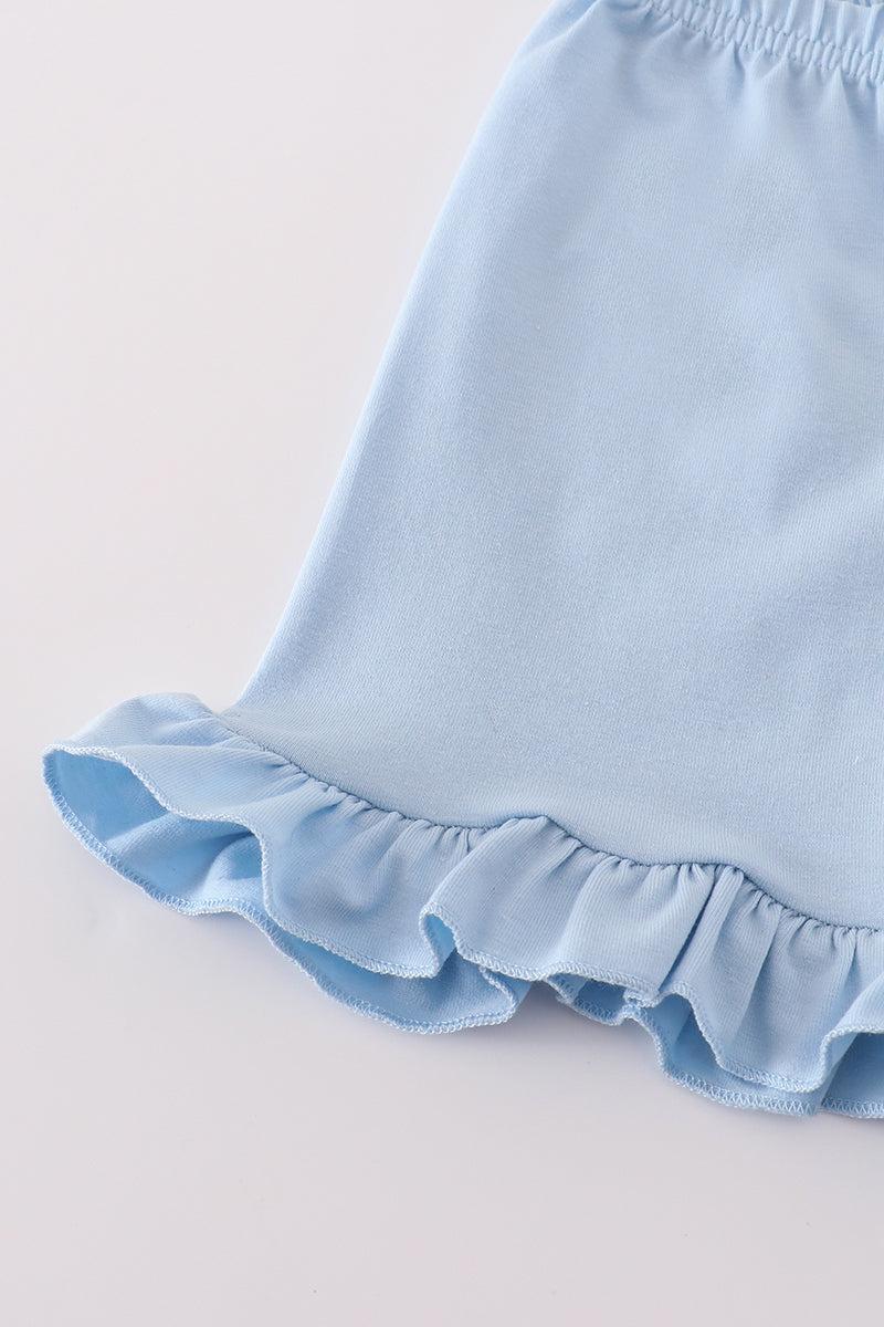 Blue floral print ruffle shorts set Product Image