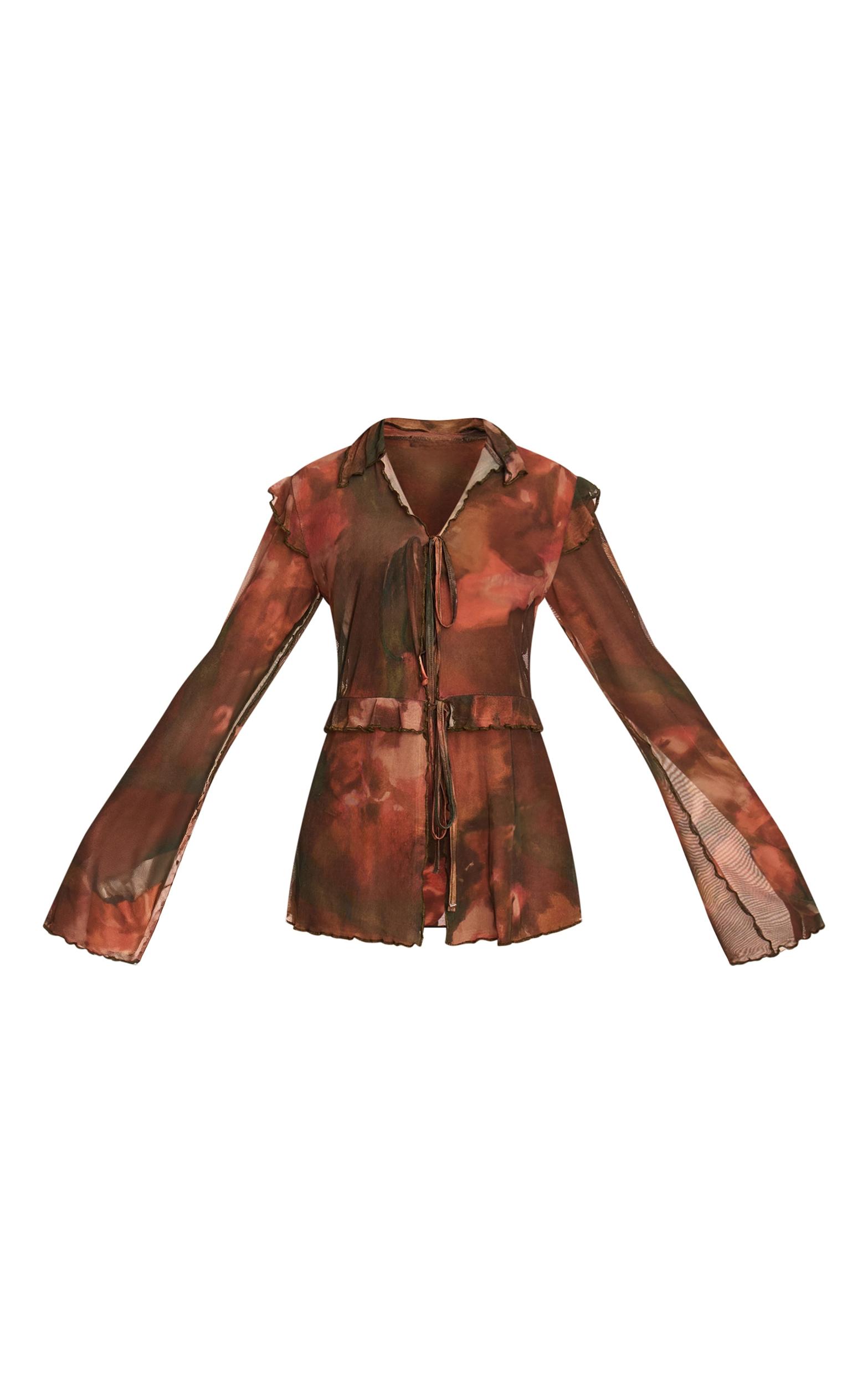 Multi Water Color Print Mesh Frilly Tie Front Beach Top Product Image