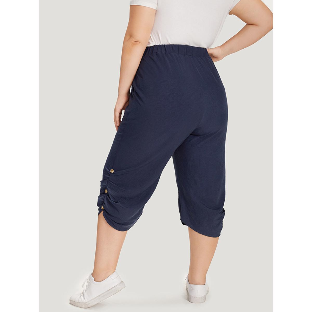 Plus Size Solid Pocket Beaded Detail Gathered Pants Women Blue Casual High Rise Dailywear Pants BloomChic 10/M Product Image