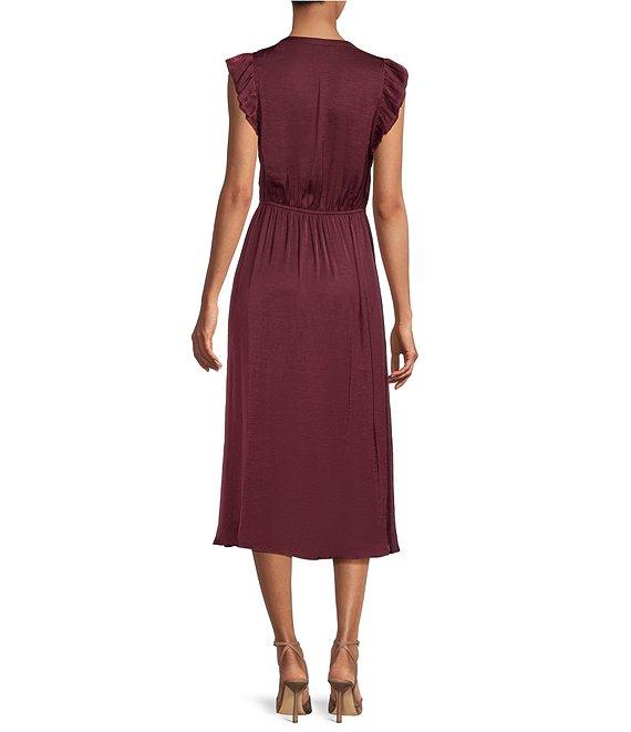 Steve Madden Allegra Split V Neck Ruffle Sleeveless Midi Dress Product Image