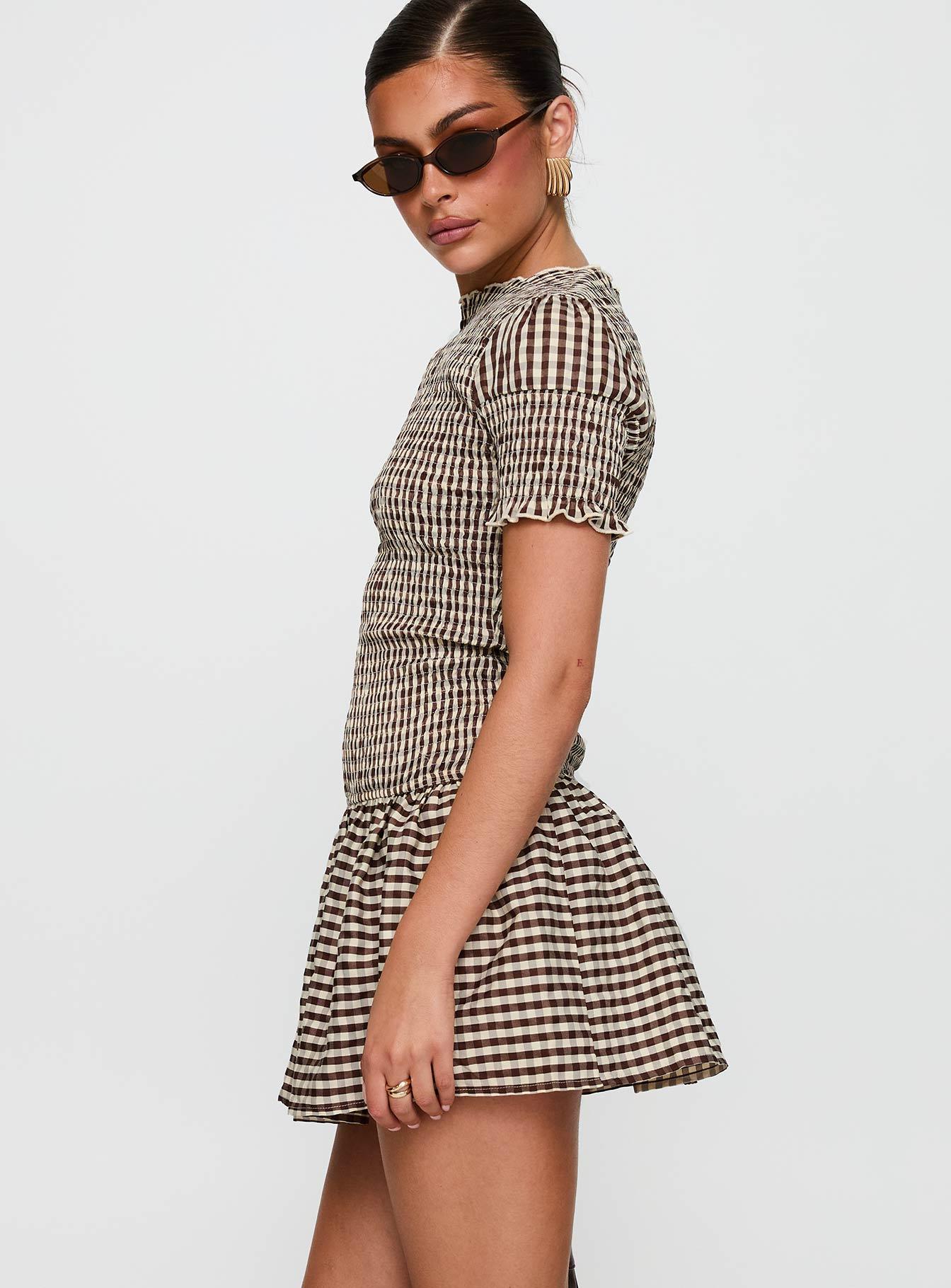 Laurita Shirred Mini Dress Brown Check Tall Product Image