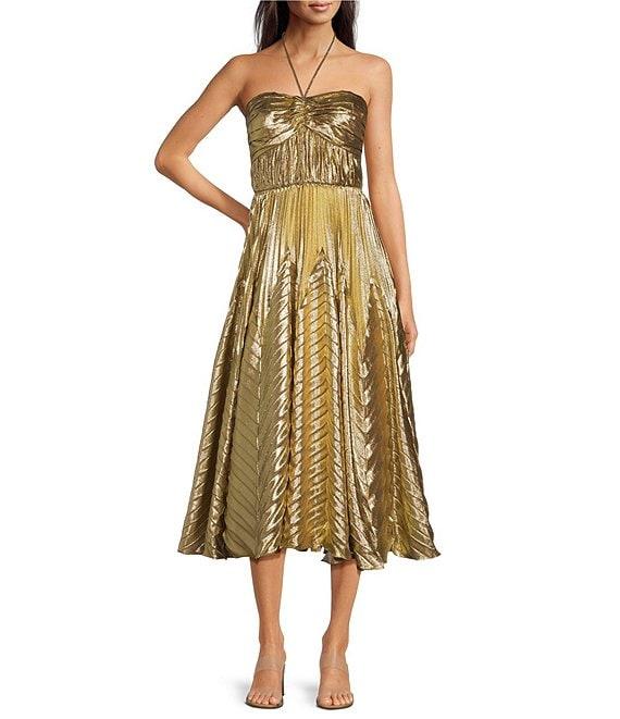 Alex Marie Petite Size Olympia Woven Metallic Hatler Sweetheart Neck Sleeveless Ruched Fit and Flare Flounce Midi Dress Product Image