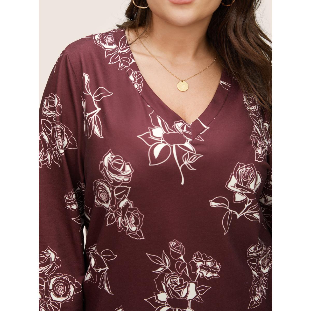 Plus Size Silhouette Floral Rose Print V Neck Sweatshirt Women Burgundy Casual Non V-neck Everyday Sweatshirts BloomChic 14-16/1X Product Image