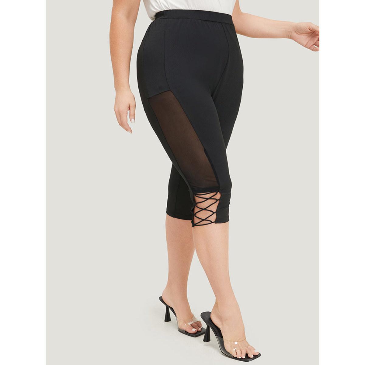 Plus Size Plain Crisscross Mesh Patchwork Cropped Leggings Women Black Elegant High stretch Skinny High Rise Dailywear Leggings BloomChic 12/L Product Image