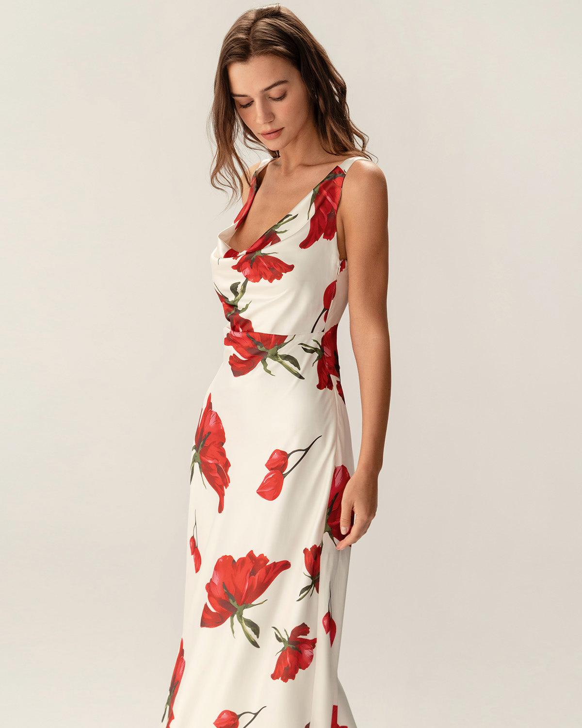 Red Floral Satin Slip Maxi Dress Product Image