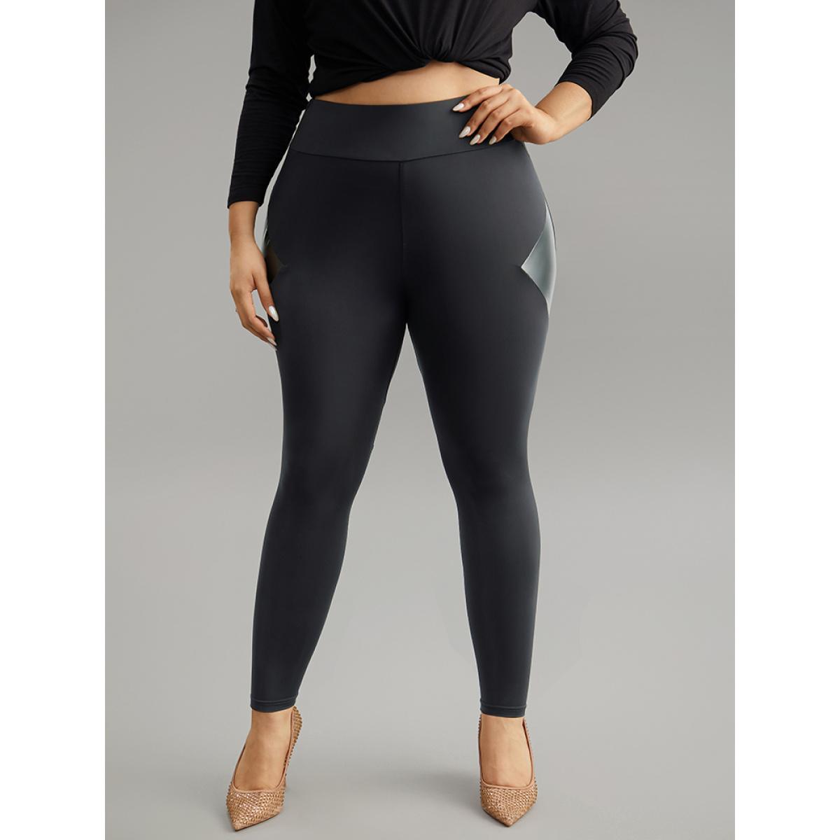 Plus Size Patchwork PU Leather High Rise Leggings Women Black Casual High stretch Skinny High Rise Dailywear Leggings BloomChic 30/6X Product Image