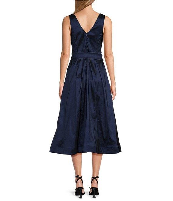 Marina V-Neck Sleeveless Tie Sash Stretch Taffeta Midi Fit and Flare Dress Product Image