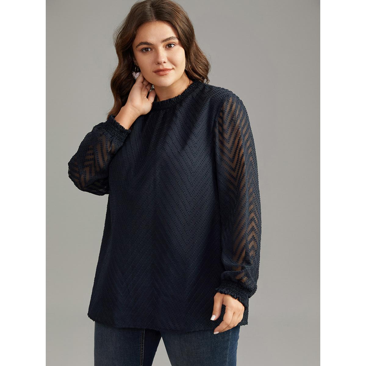 Plus Size Midnight Plain Patchwork Mesh Shirred Frill Trim Blouse Women Office Long Sleeve Round Neck Work Blouses BloomChic 30/6X Product Image