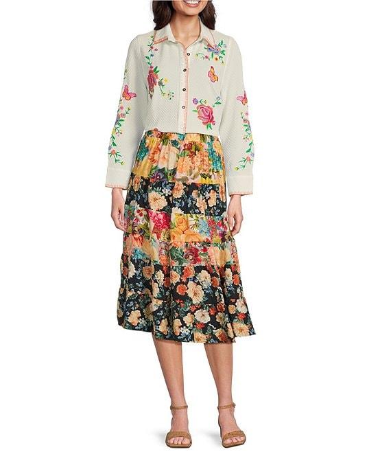 Calessa Patchwork Floral Print Midi Tiered A-Line Pull-On Skirt Product Image