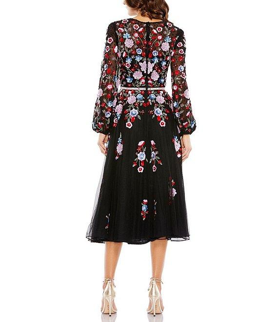 Mac Duggal Sequin Floral Print Jewel Neck Long Puffed Sleeve Midi Dress Product Image