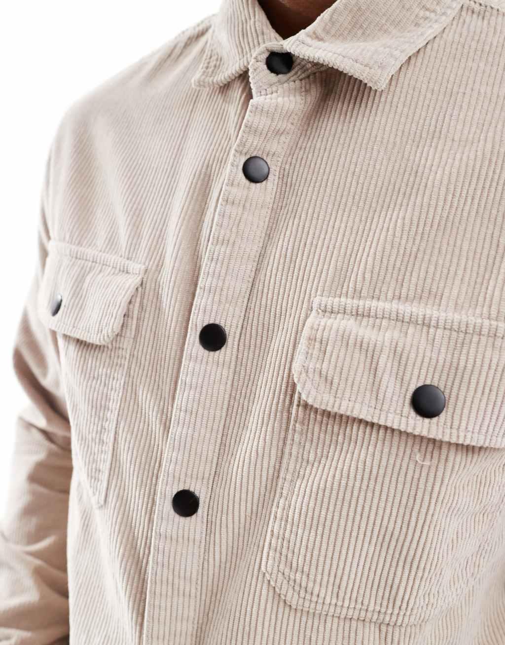 ASOS DESIGN cord overshirt with snaps in stone Product Image