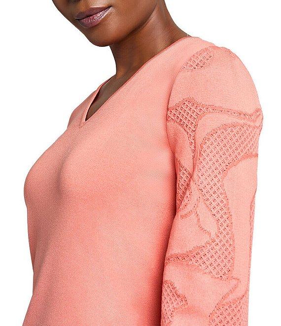 Ming Wang Tonal Texture Knit V-Neck Bracelet Sleeve Top Product Image