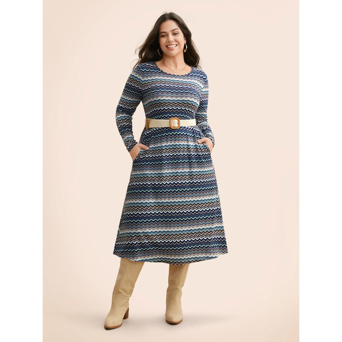 Plus Size Contrast Striped Crew Neck Midi Knit Dress Aegean Women Casual Contrast Knit Dresses Bloomchic 22-24/3X Product Image