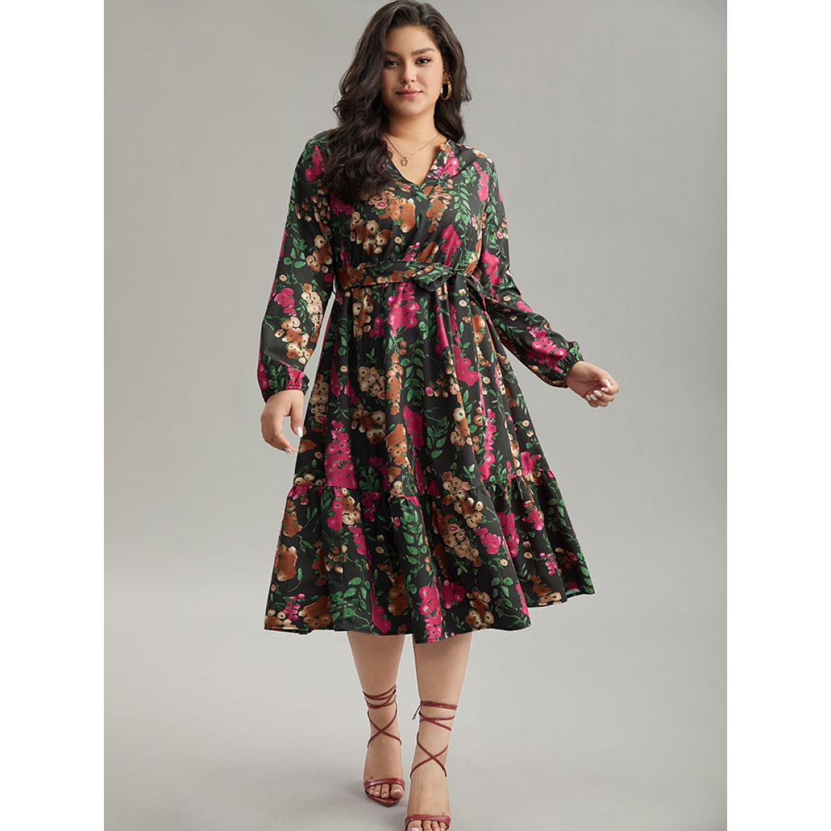 Plus Size Floral Print Belted Elastic Cuffs Dress Black Women Elegant Elastic cuffs Notched collar Long Sleeve Curvy Midi Dress BloomChic 12/L Product Image