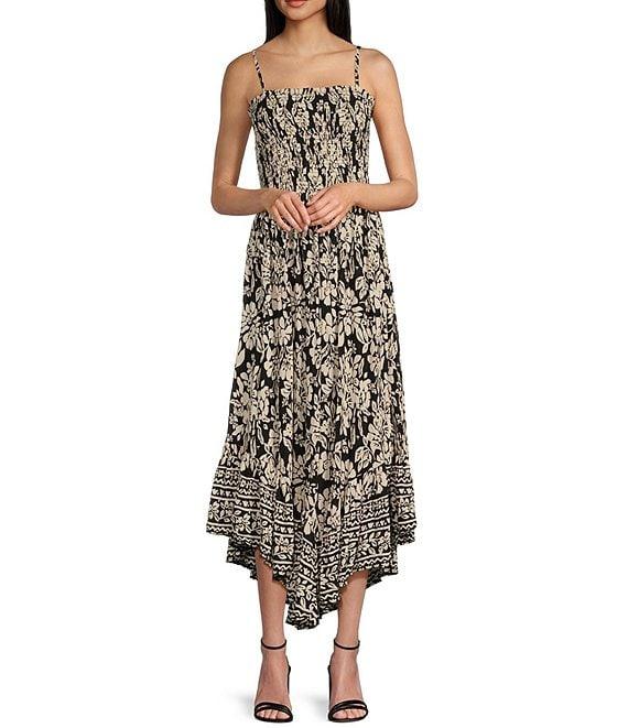 Angie Floral Print Smocked Bodice Spaghetti Strap High-Low Maxi Dress Product Image