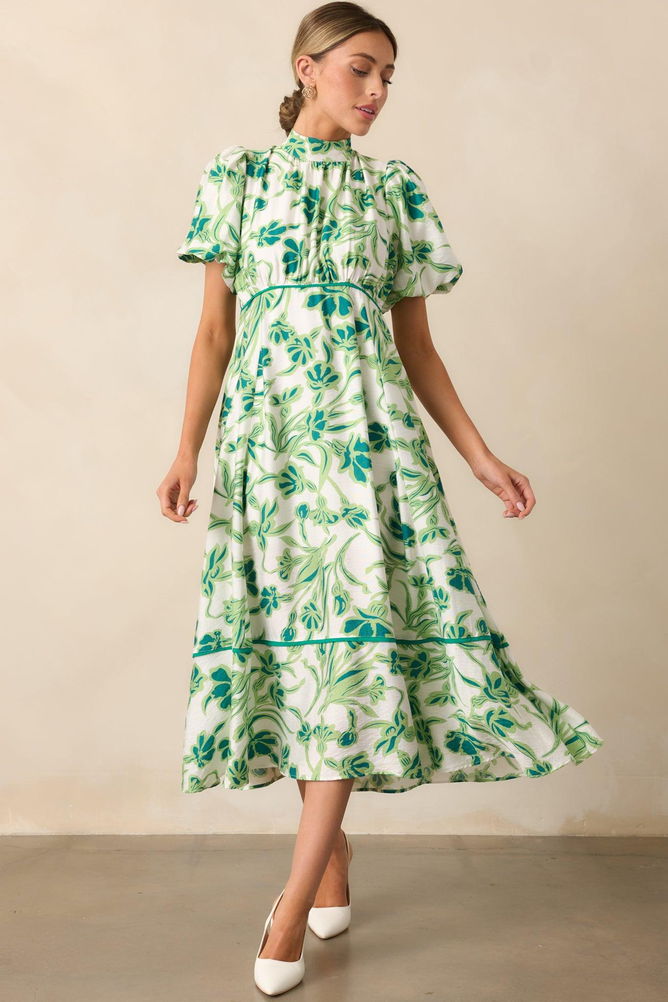 Blooming Season Green Floral Puff Sleeve Midi Dress Product Image