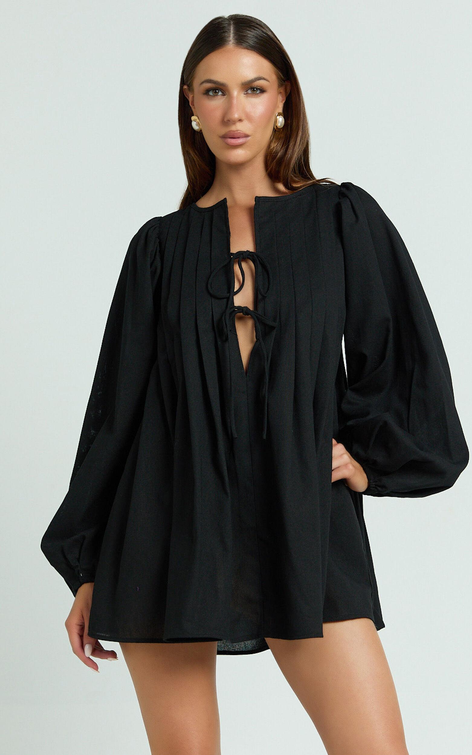 Suzette Mini Dress - High Neck Tie Front Long Sleeve Pleat Front Babydoll Dress in Black Product Image