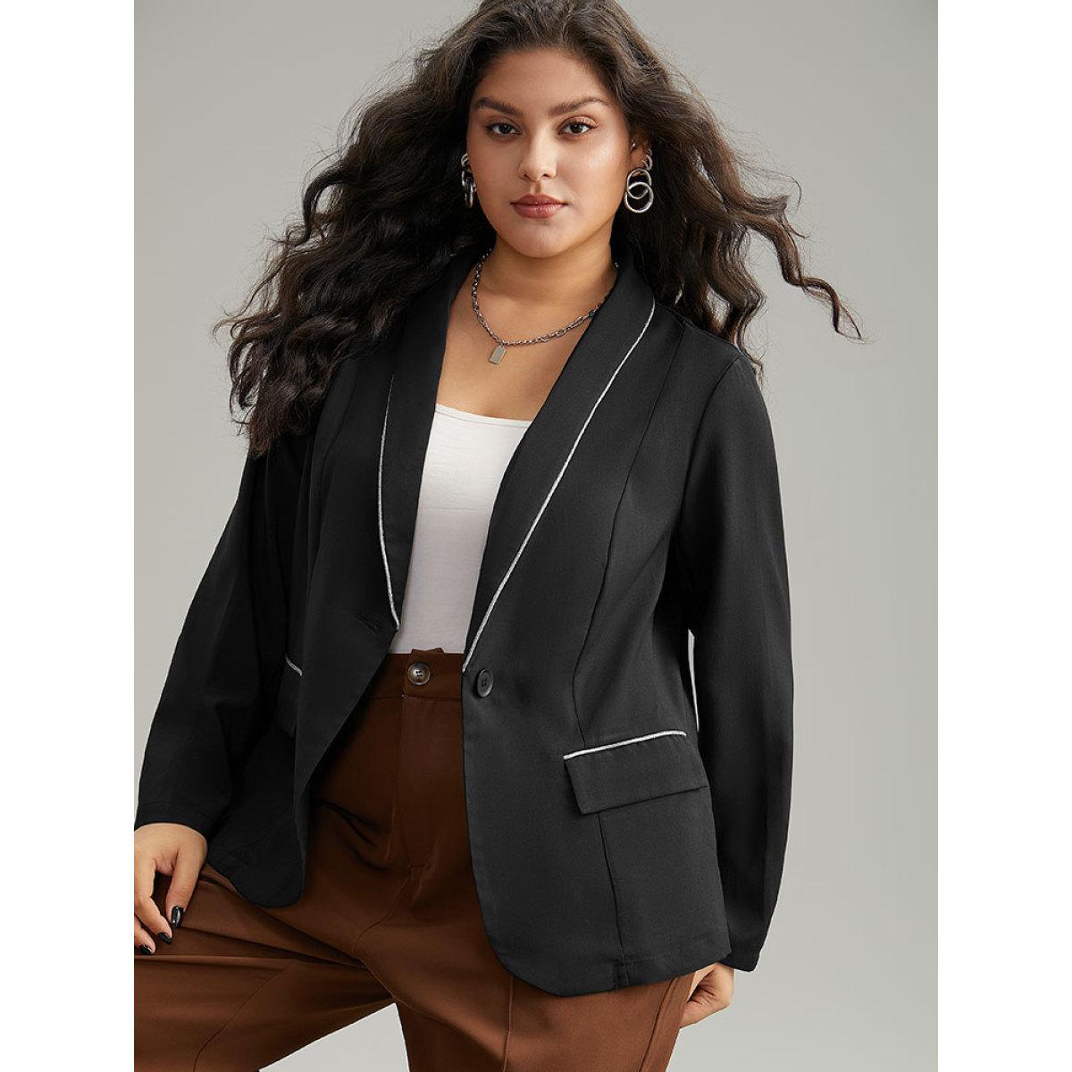 Plus Size Twill Patchwork Contrast Trim Button Up Blazer Black Women Office Plain Contrast Sleeve Long Sleeve Suit Collar 14-16/1X Office Blazers BloomChic Product Image