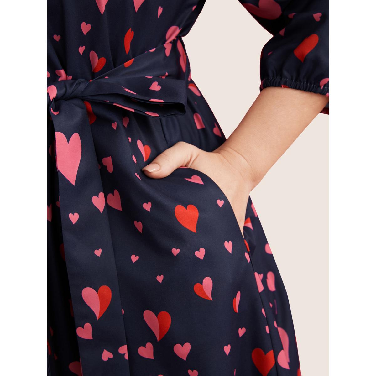 Plus Size Heart Print V Neck Pocket Belted Lantern Sleeve Ruffles Dress Navy Women Elegant Non V-neck Elbow-length sleeve Curvy Midi Dress BloomChic 10/M Product Image
