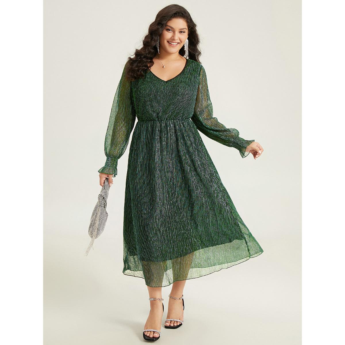 Plus Size Plain Texture Elastic Waist Shirred Mesh Dress DarkGreen Women Cocktail Texture V-neck Long Sleeve Curvy Midi Dress BloomChic 14-16/1X Product Image