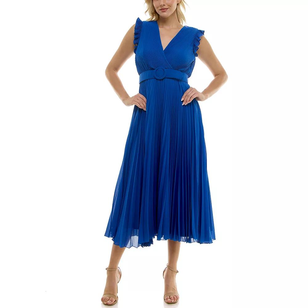 Women's Taylor Belted Pleated Chiffon Midi Dress, Size: 12, Blue Product Image