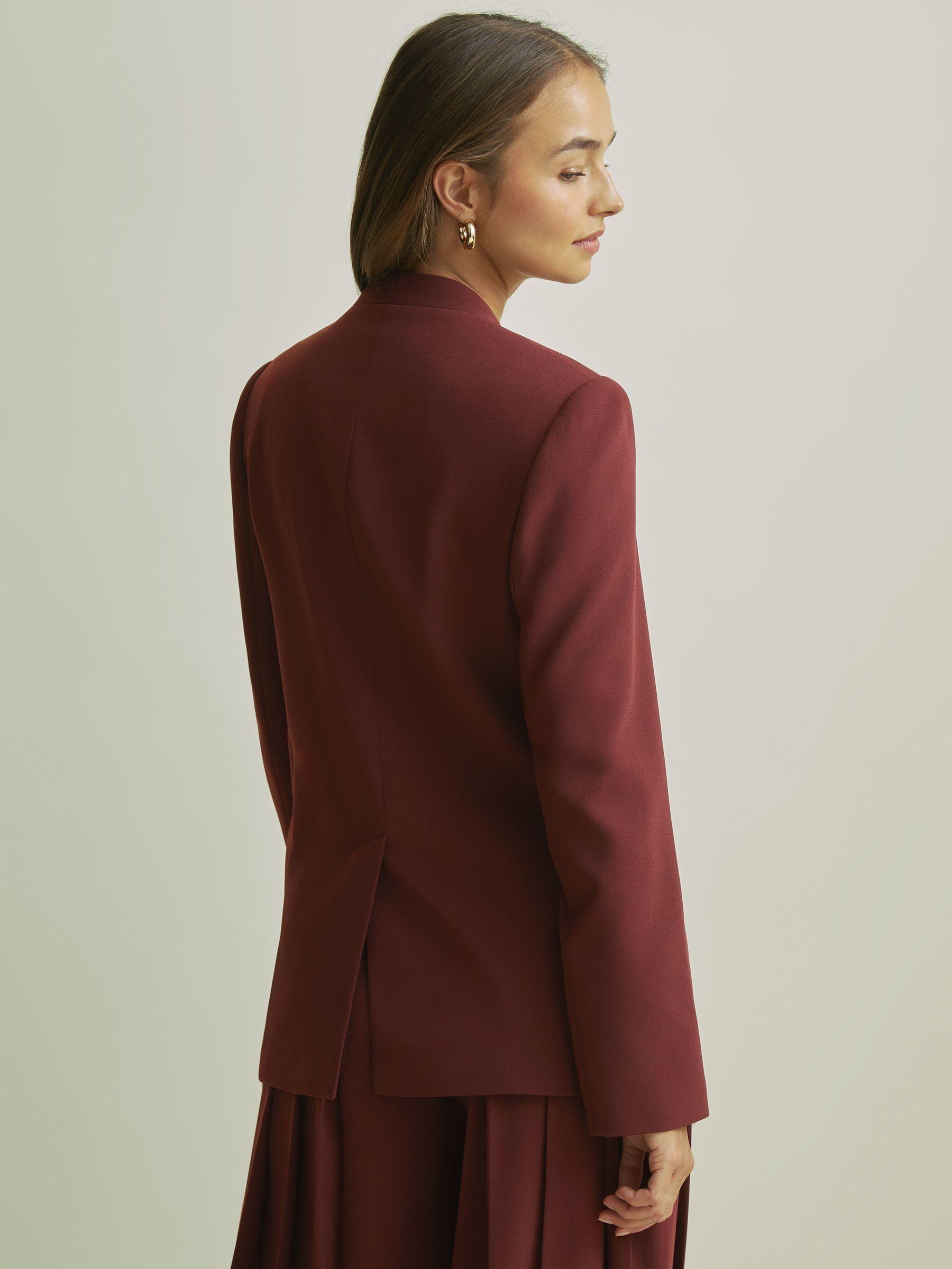 Florere Burgundy Collarless Double Breasted Blazer in Burgundy Product Image