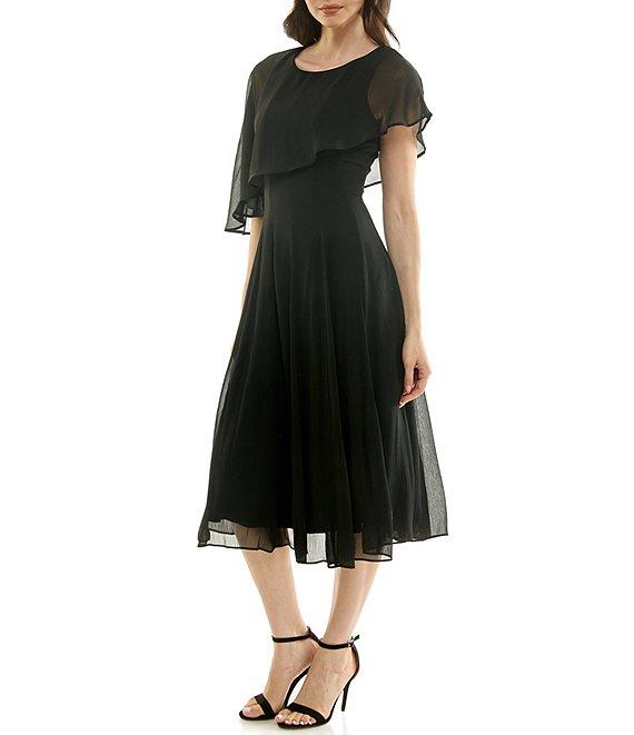 Moda Tara Crinkle Chiffon Asymmetrical Capelet Sleeve Midi Dress Product Image