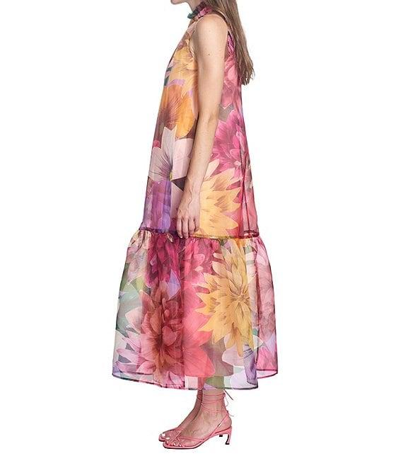 COREY LYNN CALTER Avalon Floral Organza Halter Neck A-Line Ruffle Hem Sleeveless Midi Dress Product Image