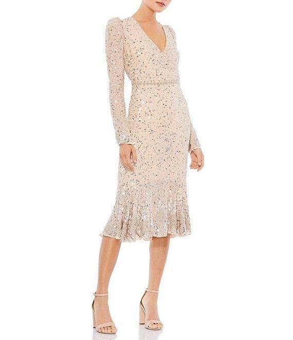 Mac Duggal Sequin Embellished Flounce Hem Surplice V-Neck Long Sleeve Midi Dress Product Image