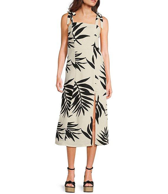GB Tie Shoulder Tropical Palm Leaf Linen Blend Midi Dress Product Image