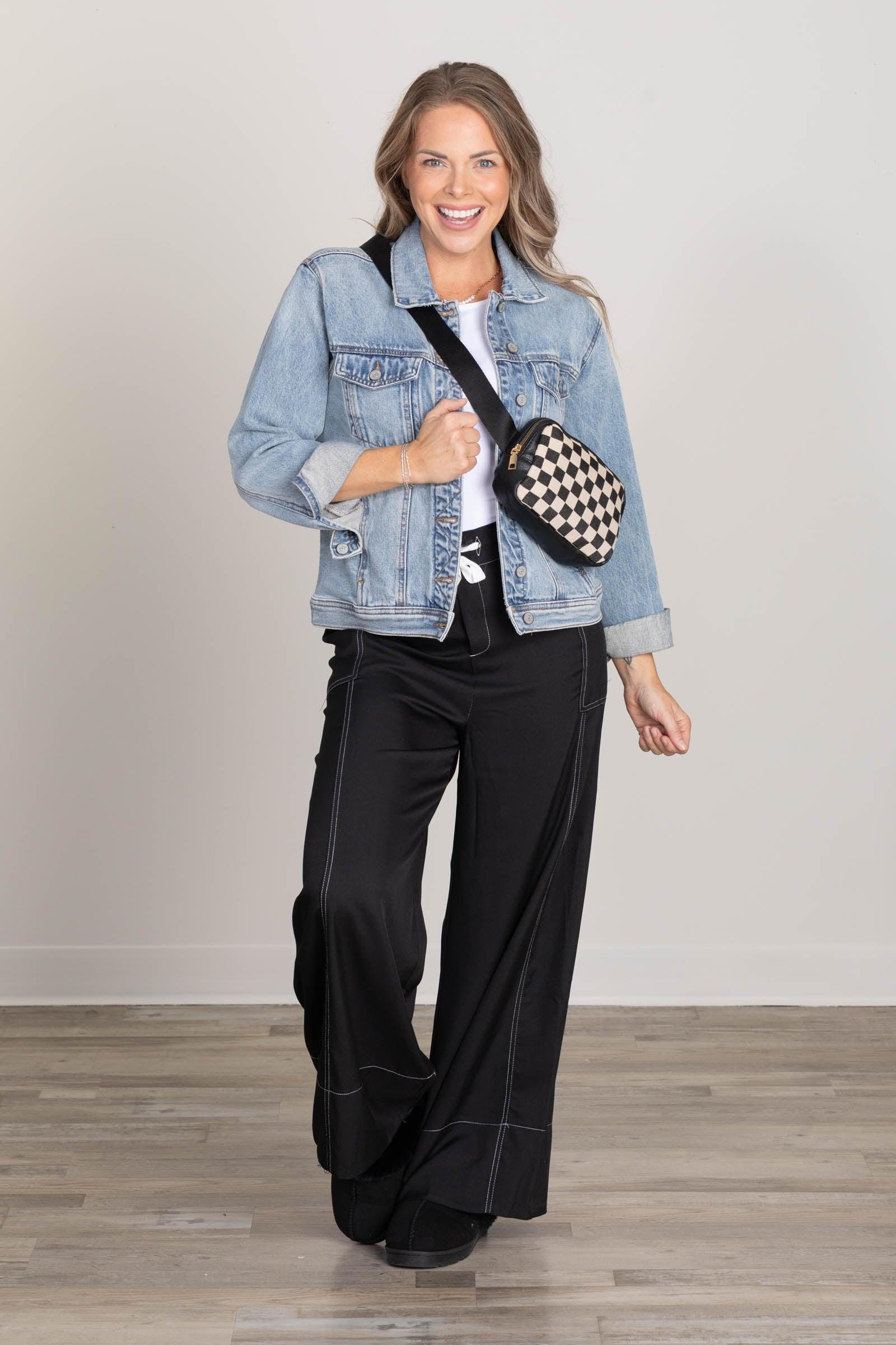 Contrast Stitch Elastic Waist Wide Leg Pants Product Image