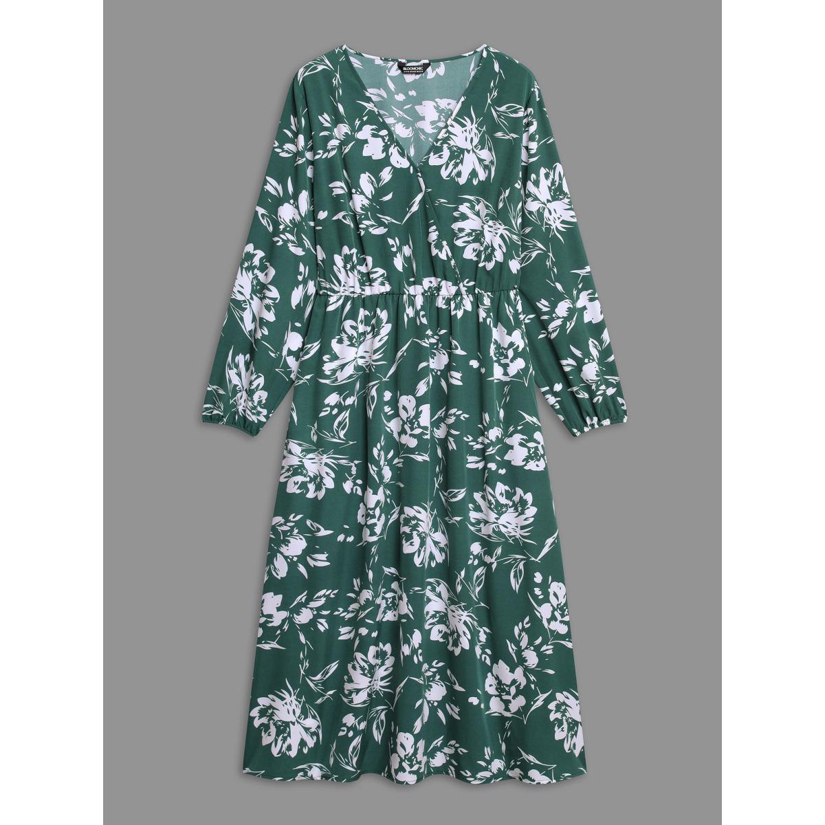 Plus Size Silhouette Floral Print Waist Cinched Midi Dress Emerald Women Elegant Non Overlap Collar Long Sleeve Curvy BloomChic 14-16/1X Product Image