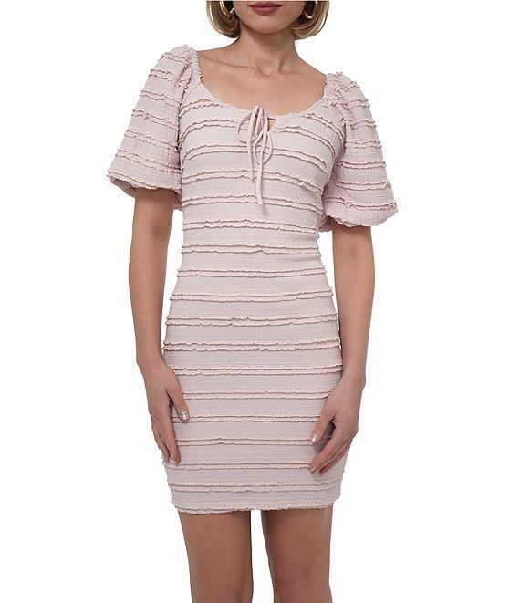 Adelyn Rae Textured Knit Scoop Neck Short Sleeve Front Tie Bodycon Mini Dress Product Image