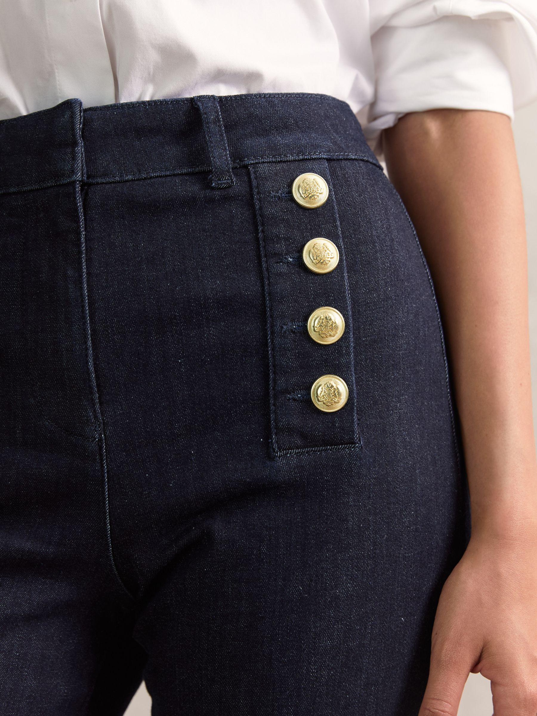 Petite Button-Detail High-Rise Flared Jeans in Dark Blue Product Image