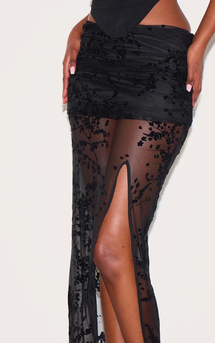 Black Devore Mesh Foldover Slit Maxi Skirt Product Image