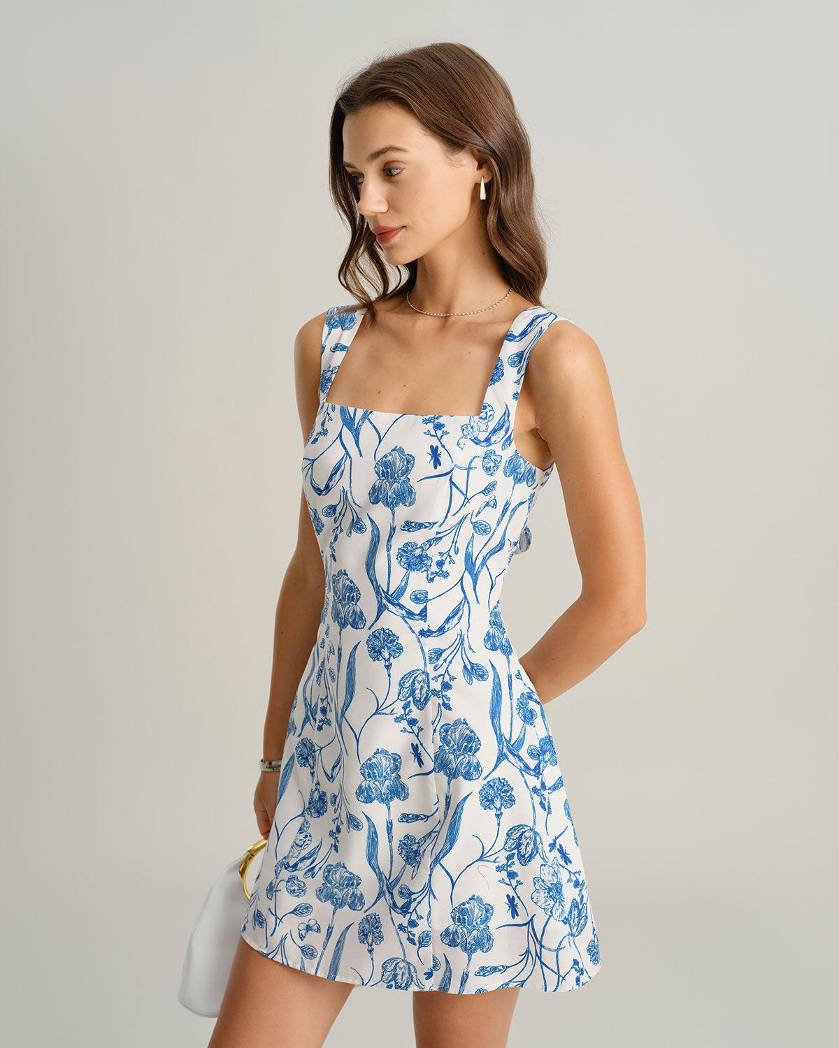Blue Floral Tie-back Slip Mini Dress Product Image
