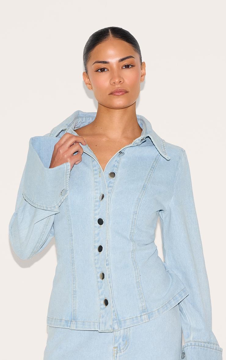 Petite Light Blue Long Sleeve Fitted Denim Shirt Product Image