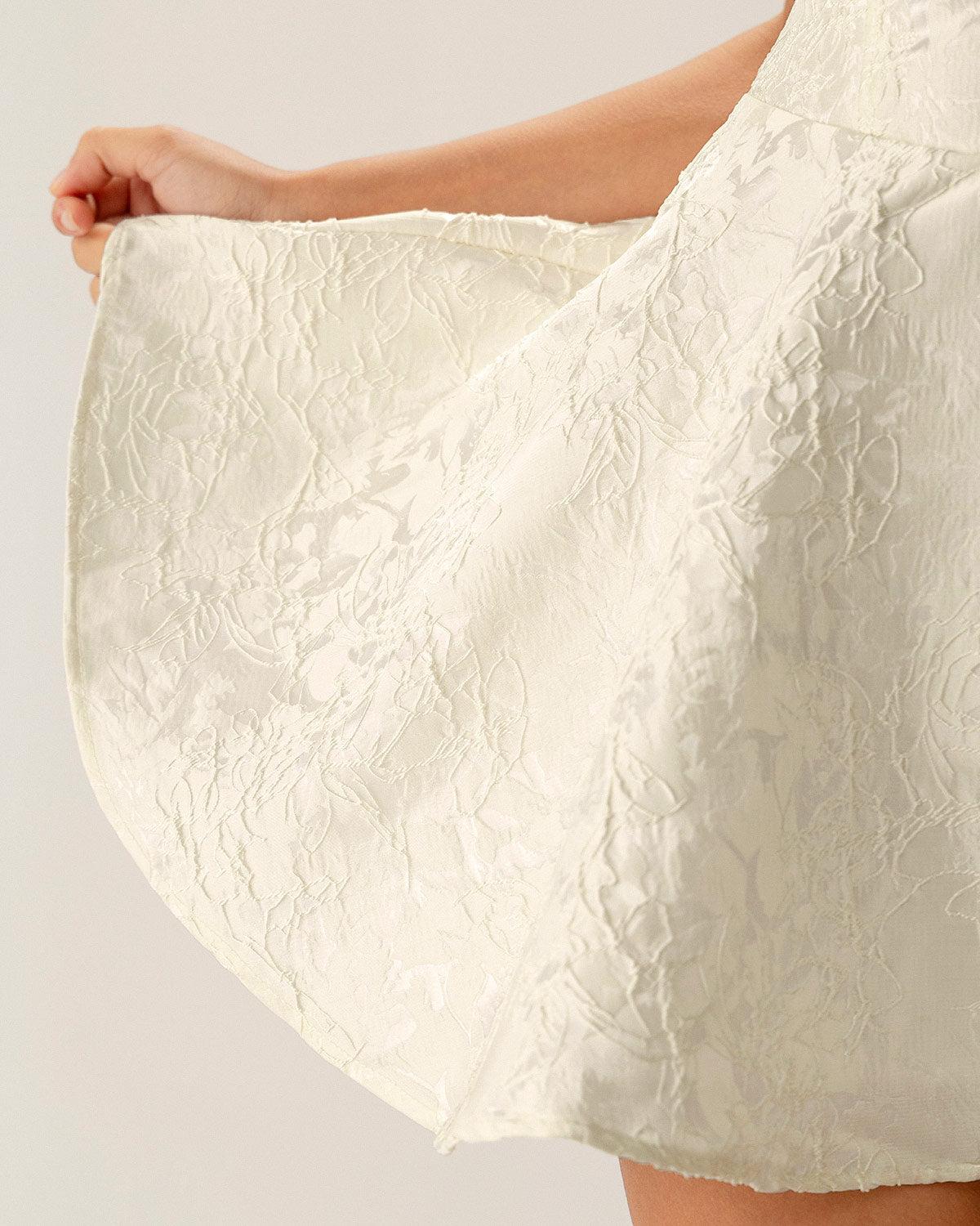 White Jacquard Ruched Slip Mini Dress Product Image