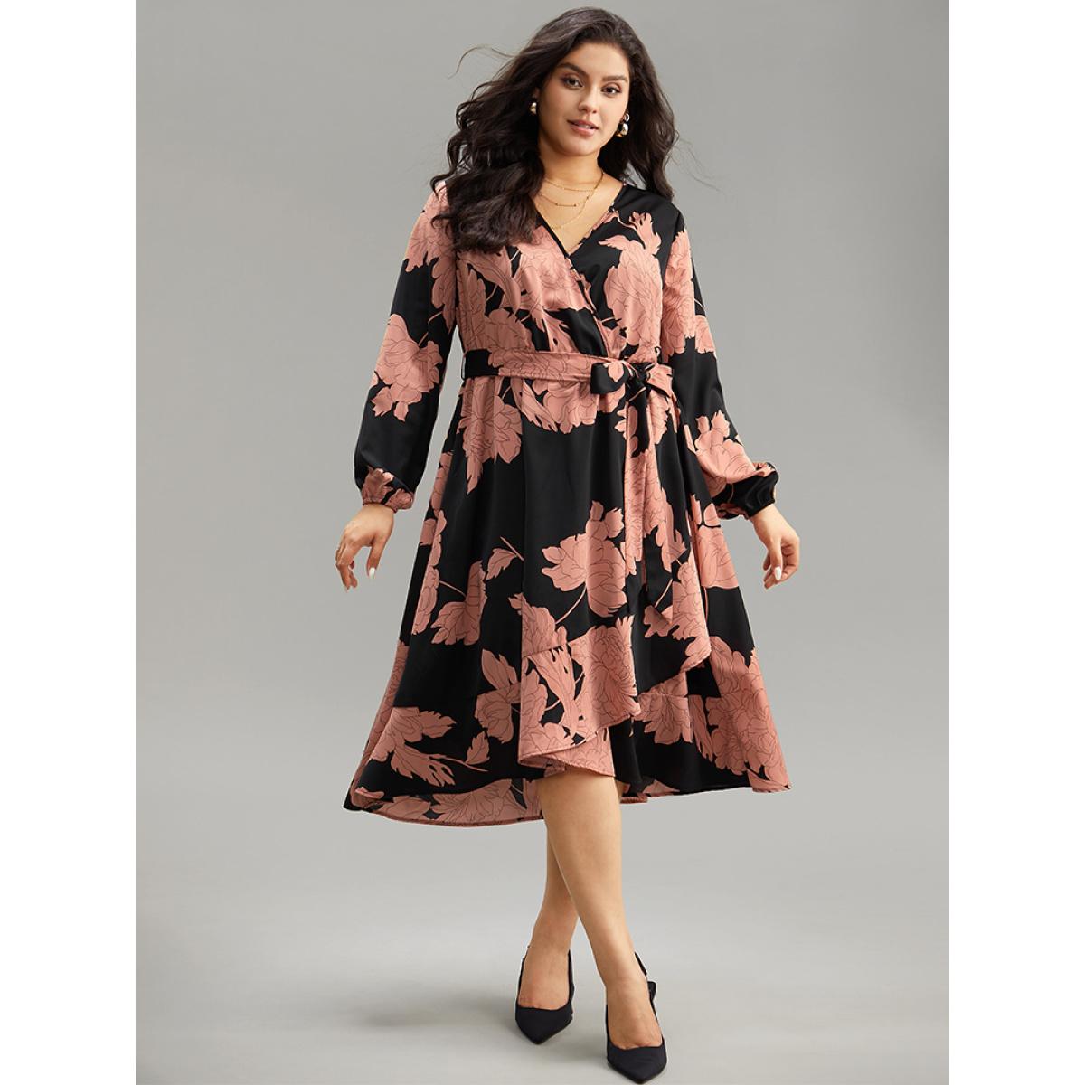 Plus Size Floral Print Belted Wrap Hem Midi Dress Black Women Elegant Elastic cuffs Overlap Collar Long Sleeve Curvy Midi Dress BloomChic 22-24/3X Product Image