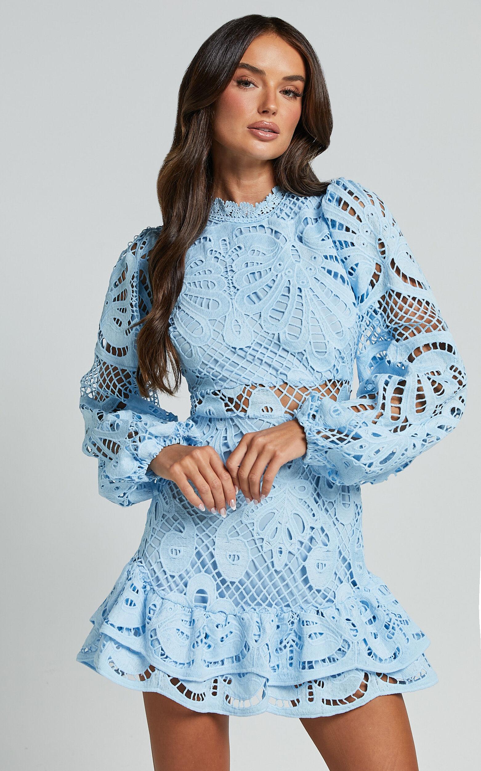 Kiss Me Now Mini Dress - Long Puff Sleeve Dress in Soft Blue Product Image