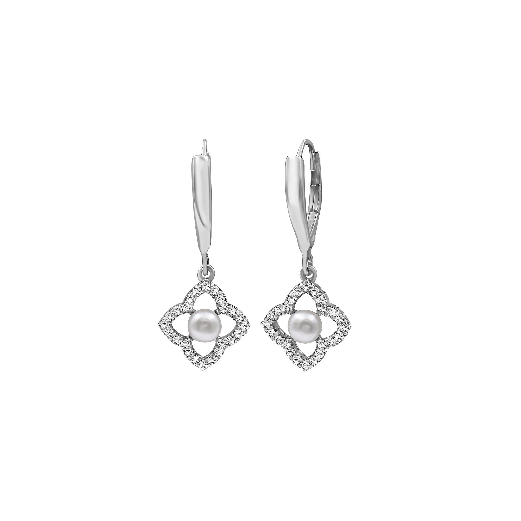 Jewelexcess Sterling Silver Freshwater Cultured Pearl & Lab-Created White Sapphire Drop Earrings, Women's Product Image