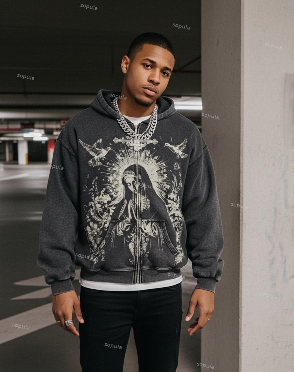 Sopula Virgin Mary Praying Vintage Graphic Washed Oversized Zip Up Hoodie Product Image