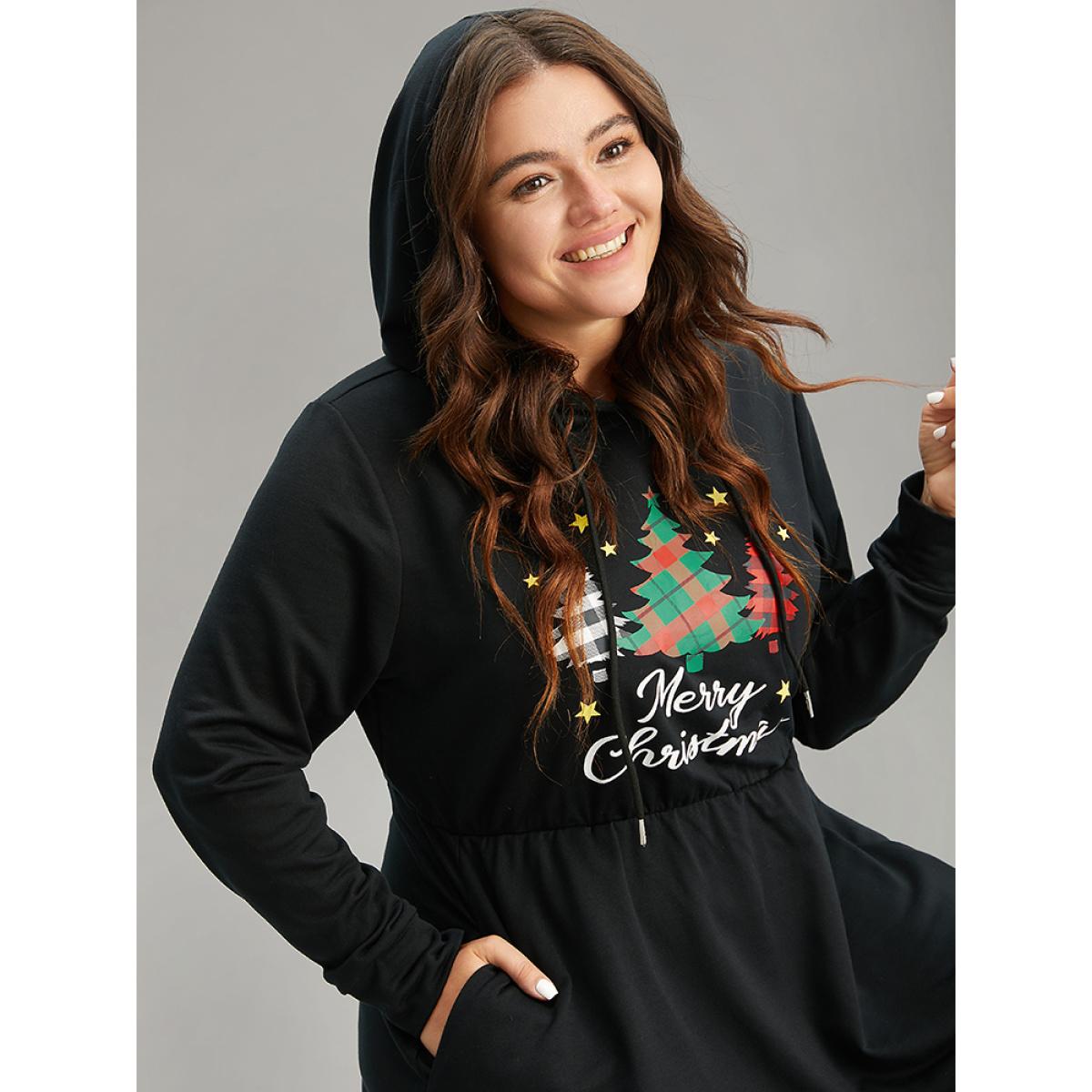 Plus Size Christmas Trees & Letter Hooded Drawstring Dress Black Women Casual Plain Curvy Midi Dress BloomChic 12/L Product Image