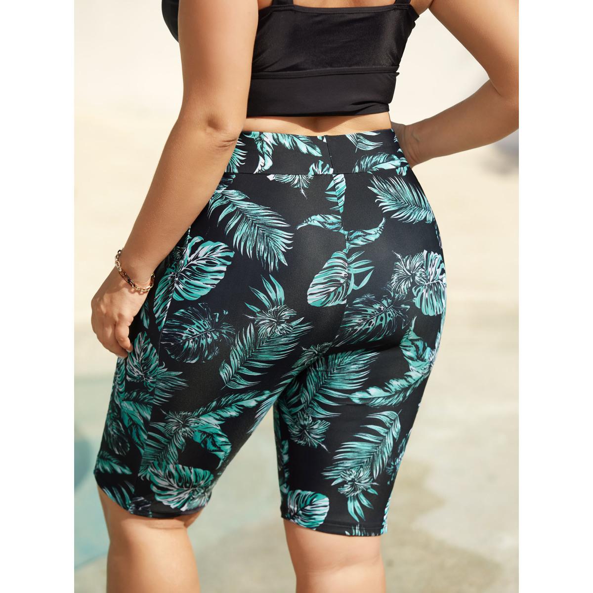 Plus Size Tropical Leaf Print Pocket Swim Bottoms Women's Swimwear Black Beach High stretch Skinny High Rise Side seam pocket Curve Swim Bottoms BloomChic 26/4X Product Image