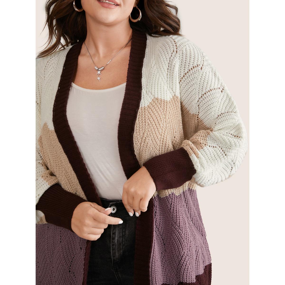 Plus Size Colorblock Contrast Texture Dolman Sleeve Cardigan Burgundy Women Casual Long Sleeve Everyday Cardigans BloomChic 14-16/1X Product Image