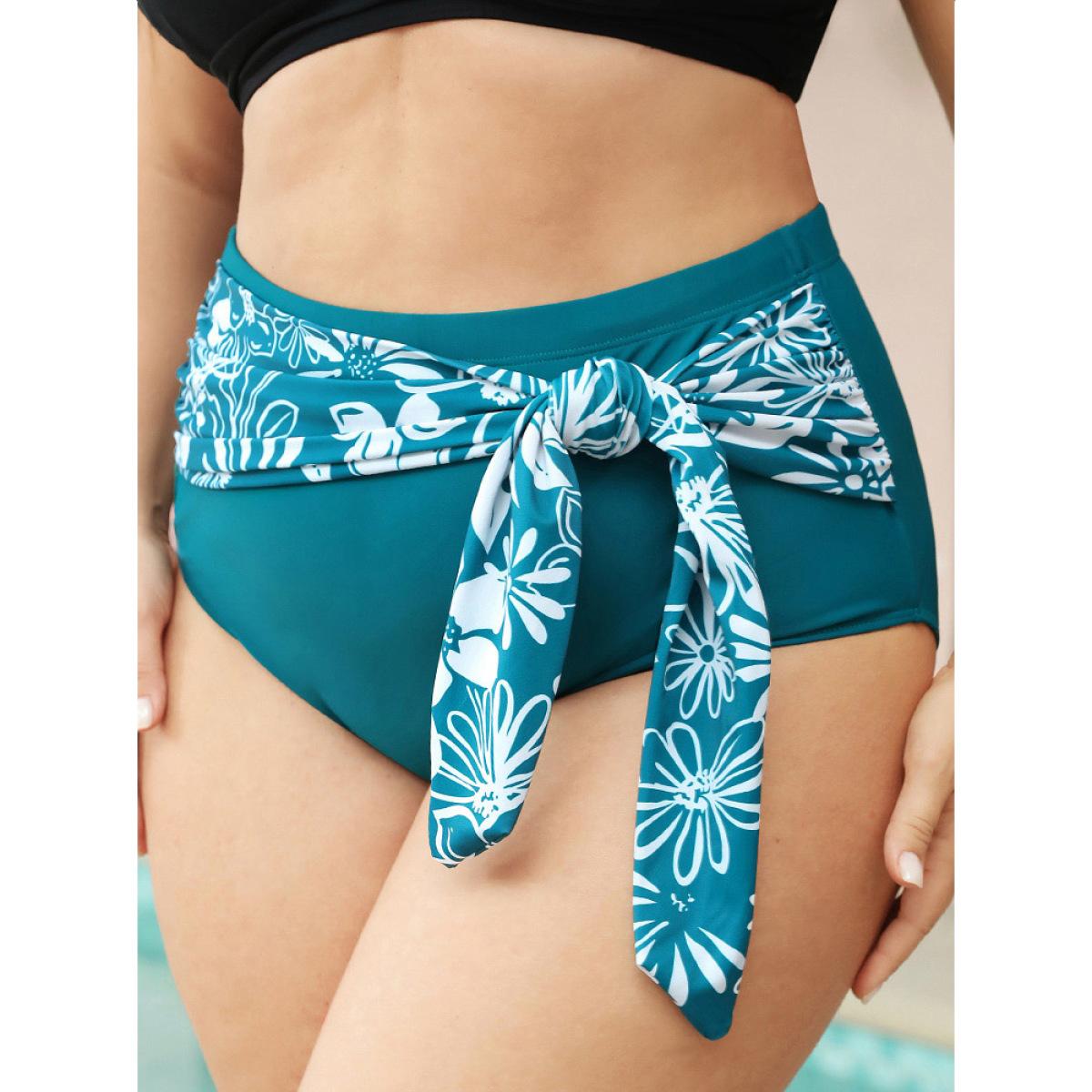 Plus Size Tropical Patchwork Knotted Front Bikini Bottom Women's Swimwear Teal Vacation Cross straps High stretch Skinny High Rise Curve Swim Bottoms BloomChic 18-20/2X Product Image