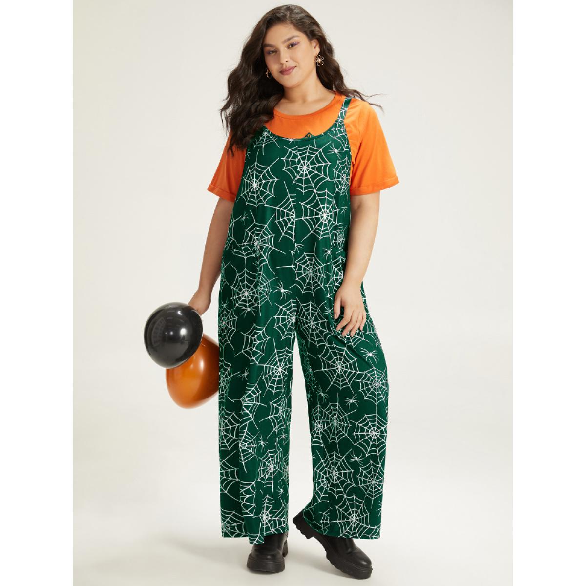 Plus Size DarkGreen Halloween Spider Web Print Pocket Overall Cami Jumpsuit Women Casual Sleeveless Spaghetti Strap Festival-Halloween Loose Jumpsuits BloomChic 22-24/3X Product Image