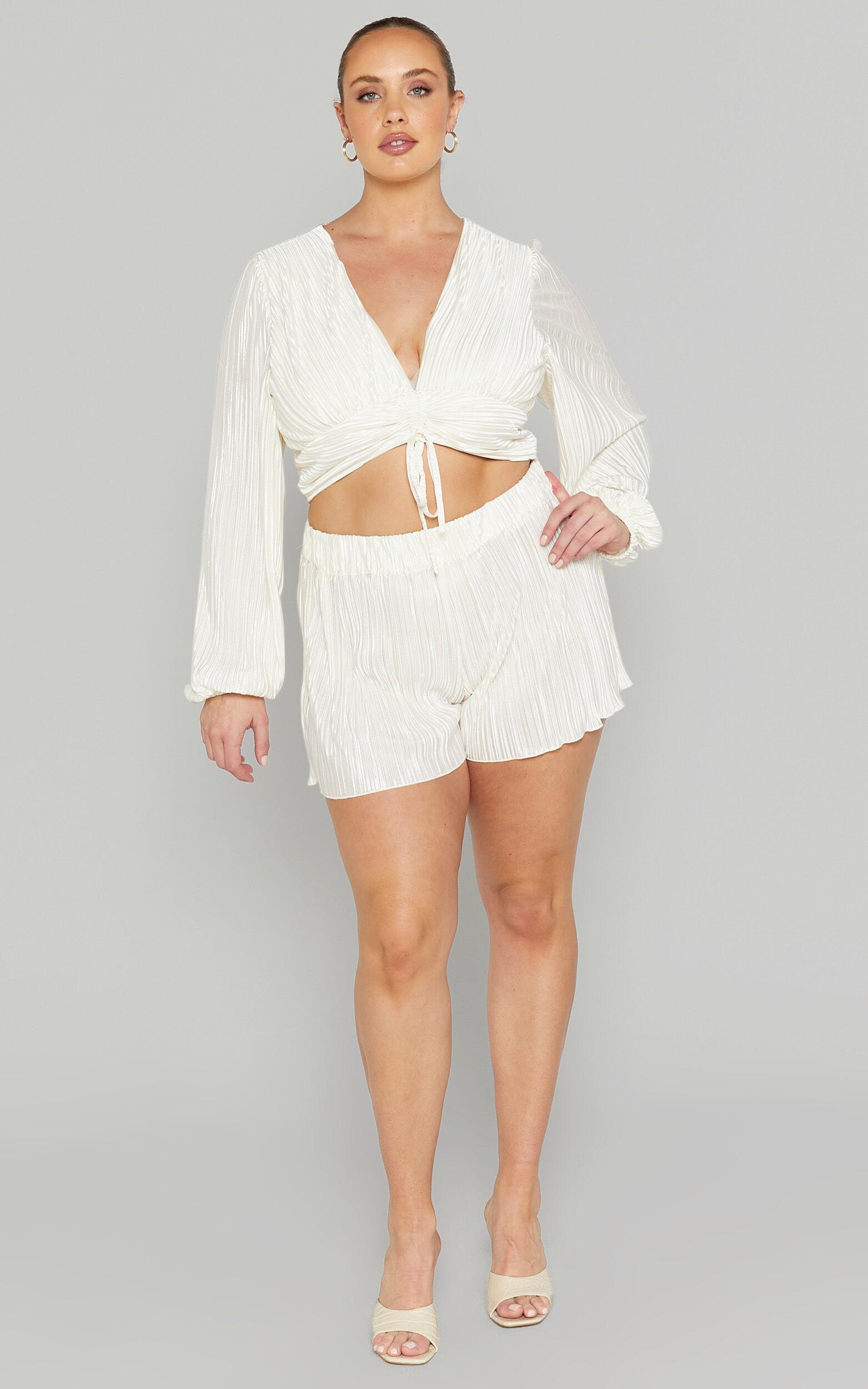 Jondra Blouse - Ruched Front Long Sleeve Plisse Blouse in Cream Product Image