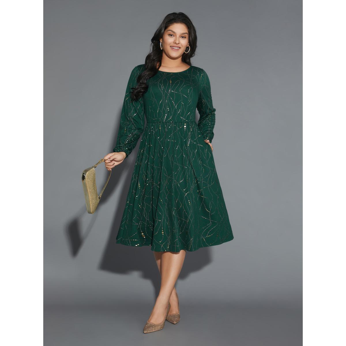 Plus Size Glitter Crew Neck Waist-Cinched Dress Truegreen Women Cocktail Texture Party Curvy Bloomchic 28/5X Product Image